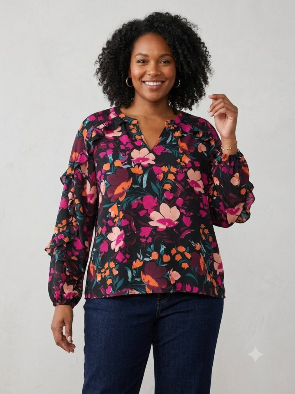 Wonderly XL Black Floral Ruffle Trim Split V-Neck Long Sleeve Blouse